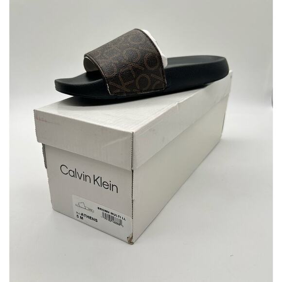 Calvin Klein Slides Womens 5 Brown Logo Print Athens‎ Slip On Comfort NEW - Picture 1 of 12